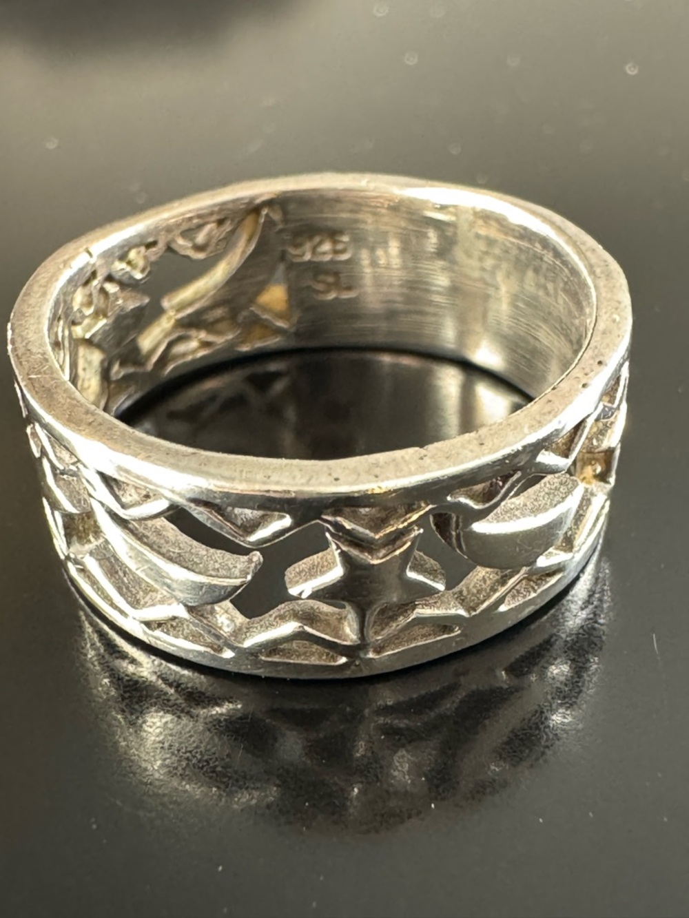 Sterling Silver Crescent Moon & Stars Ring Size 7.5 Celestial Cutout Band